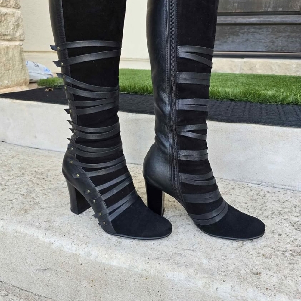 Black Strappy Knee-High Boots